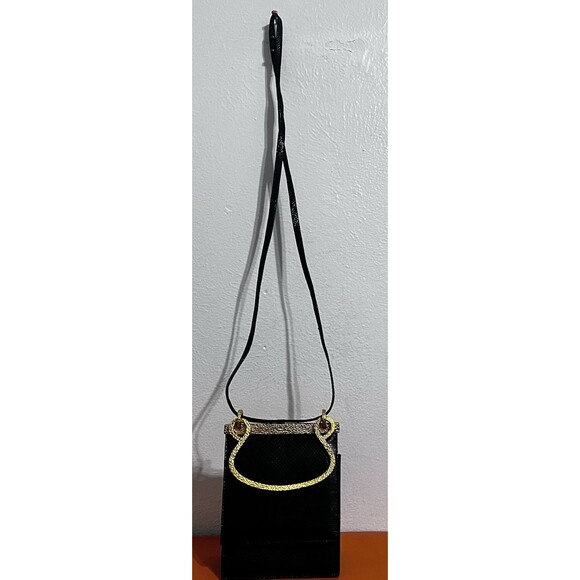 Clara Studio for Asymmetry Vtg Black Lizard Embossed Leather Bag 24K Gold Handle - Picture 7 of 16